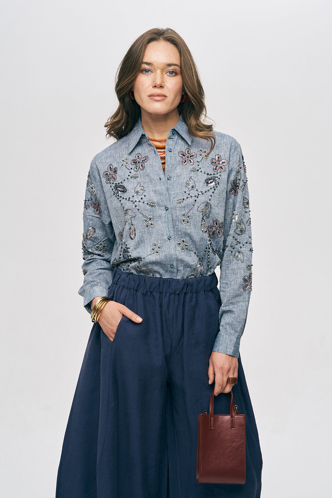 Nakışlı ve İşlemeli Keten Karışımlı Oversize Gömlek Antrasit