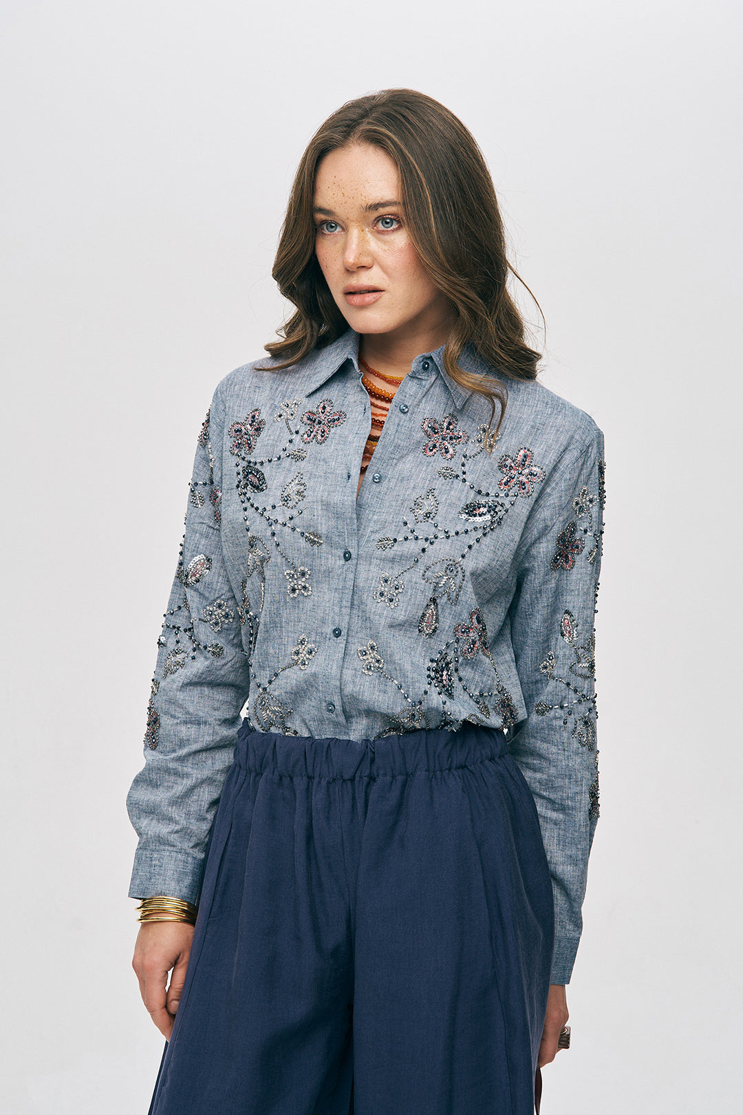 Nakışlı ve İşlemeli Keten Karışımlı Oversize Gömlek Antrasit