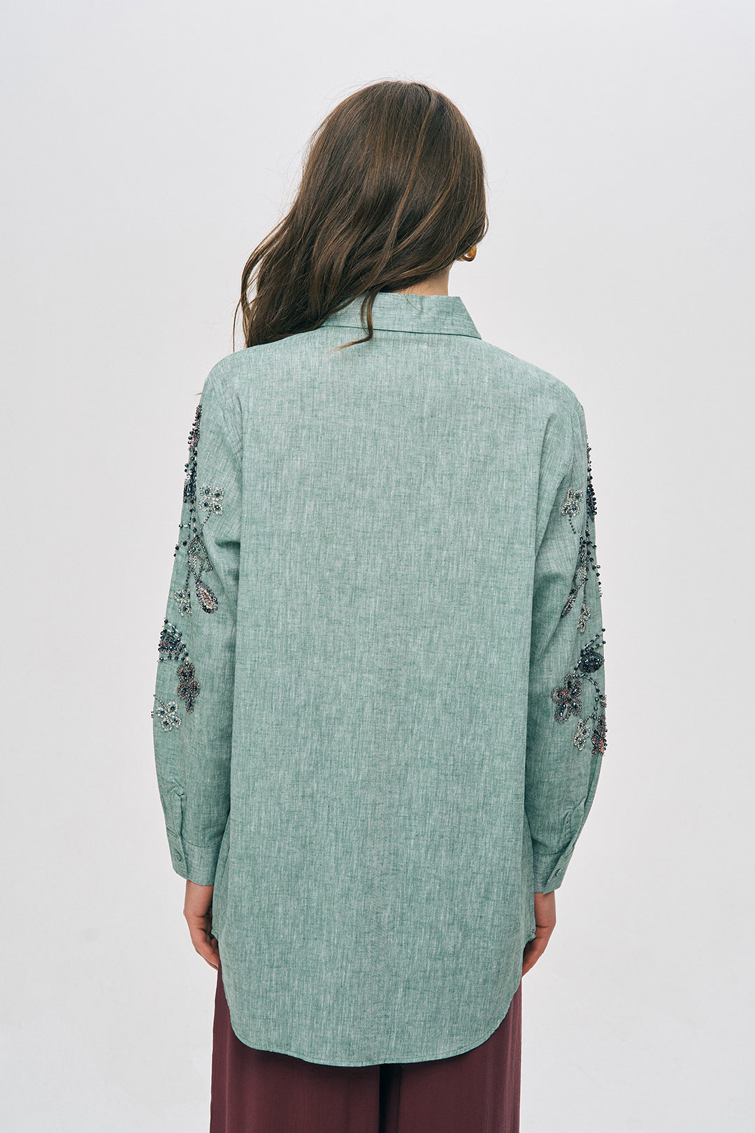 Nakışlı ve İşlemeli Keten Karışımlı Oversize Gömlek Yeşil