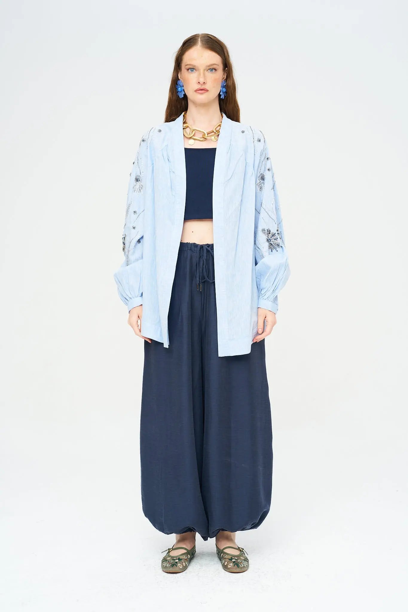 Orfeonegro Sırt ve Kol Boncuk İşlemeli Oversize Kimono ORFEONEGRO
