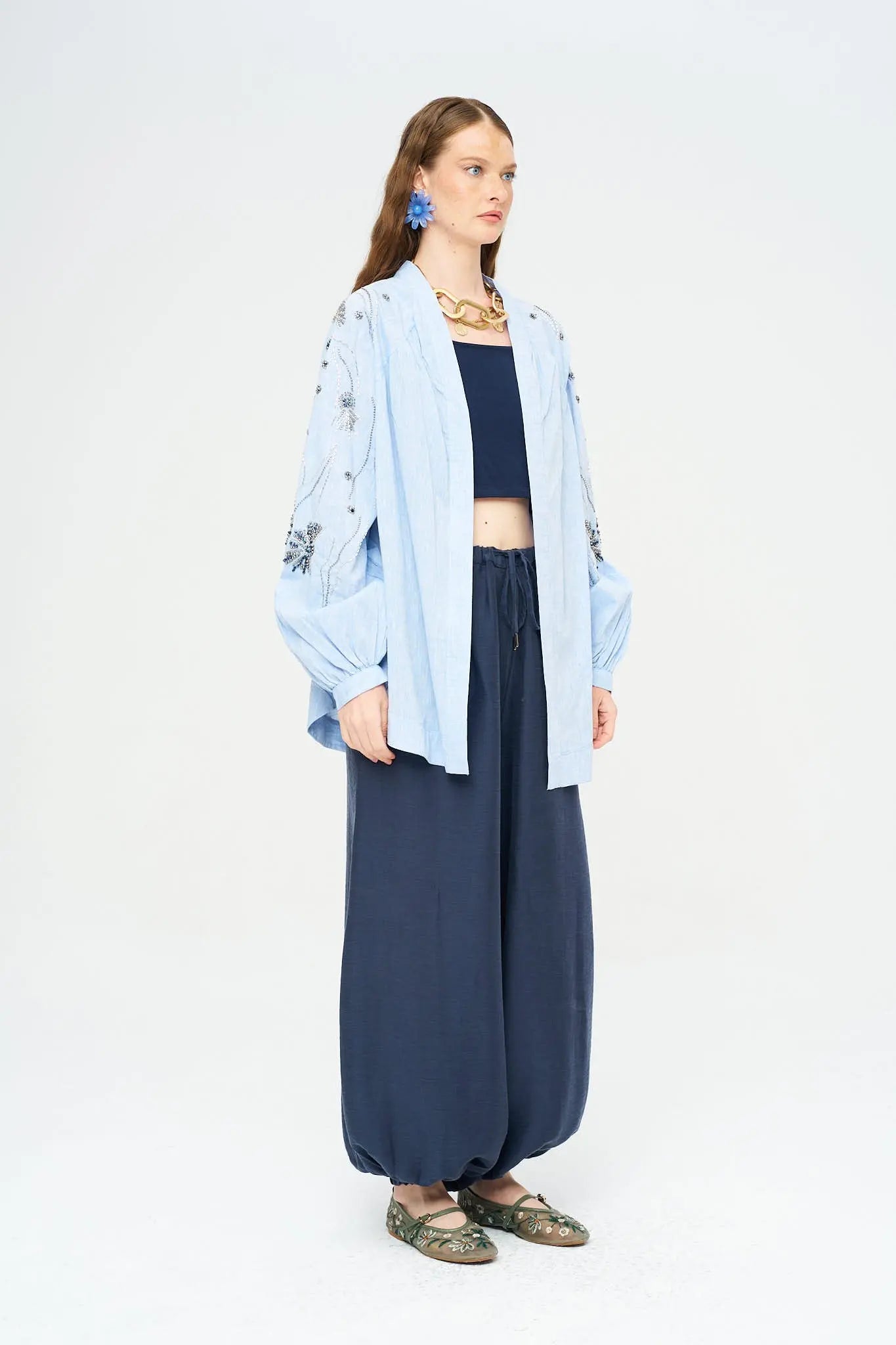 Orfeonegro Sırt ve Kol Boncuk İşlemeli Oversize Kimono ORFEONEGRO