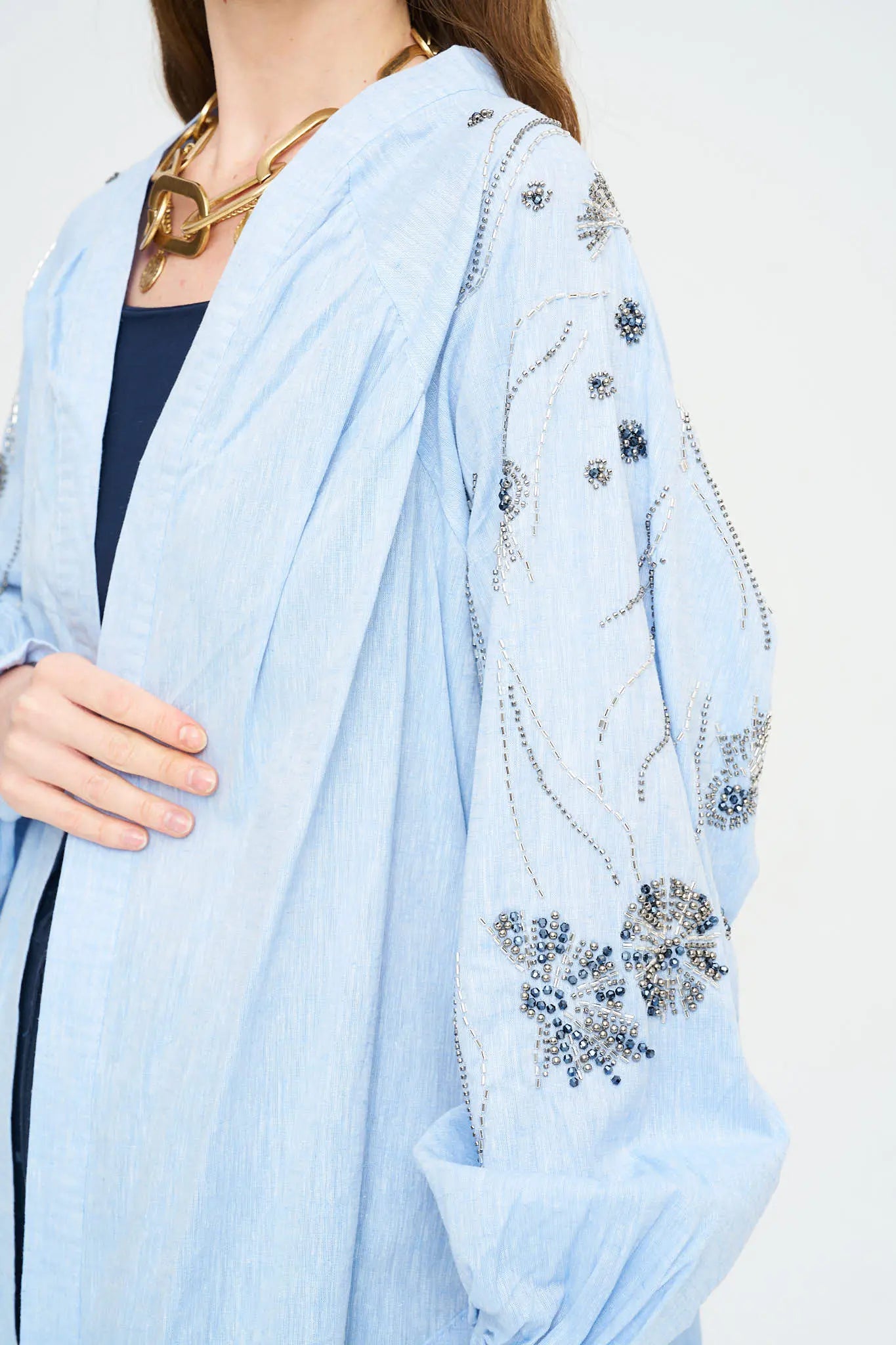 Orfeonegro Sırt ve Kol Boncuk İşlemeli Oversize Kimono ORFEONEGRO