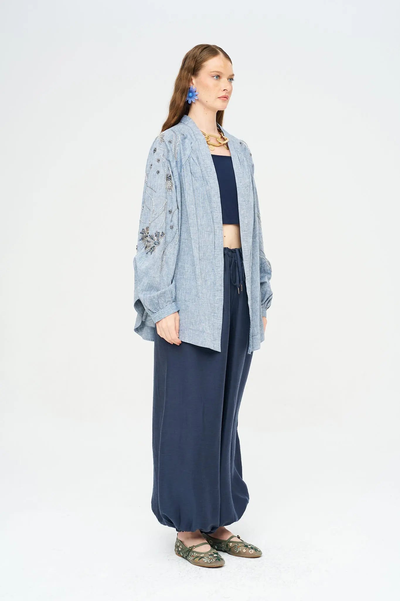 Orfeonegro Sırt ve Kol Boncuk İşlemeli Oversize Kimono Antrasit ORFEONEGRO