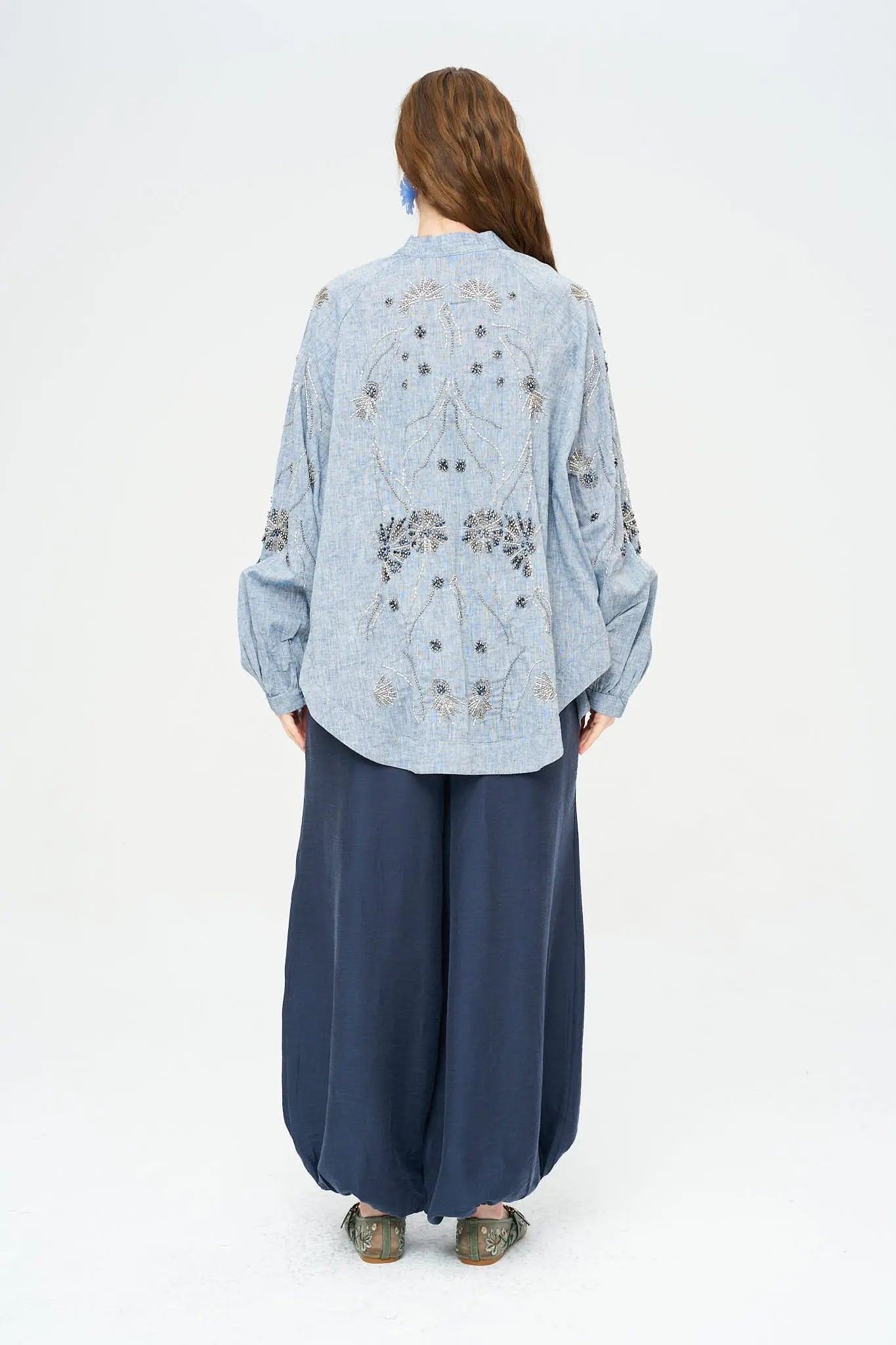 Orfeonegro Sırt ve Kol Boncuk İşlemeli Oversize Kimono Antrasit ORFEONEGRO
