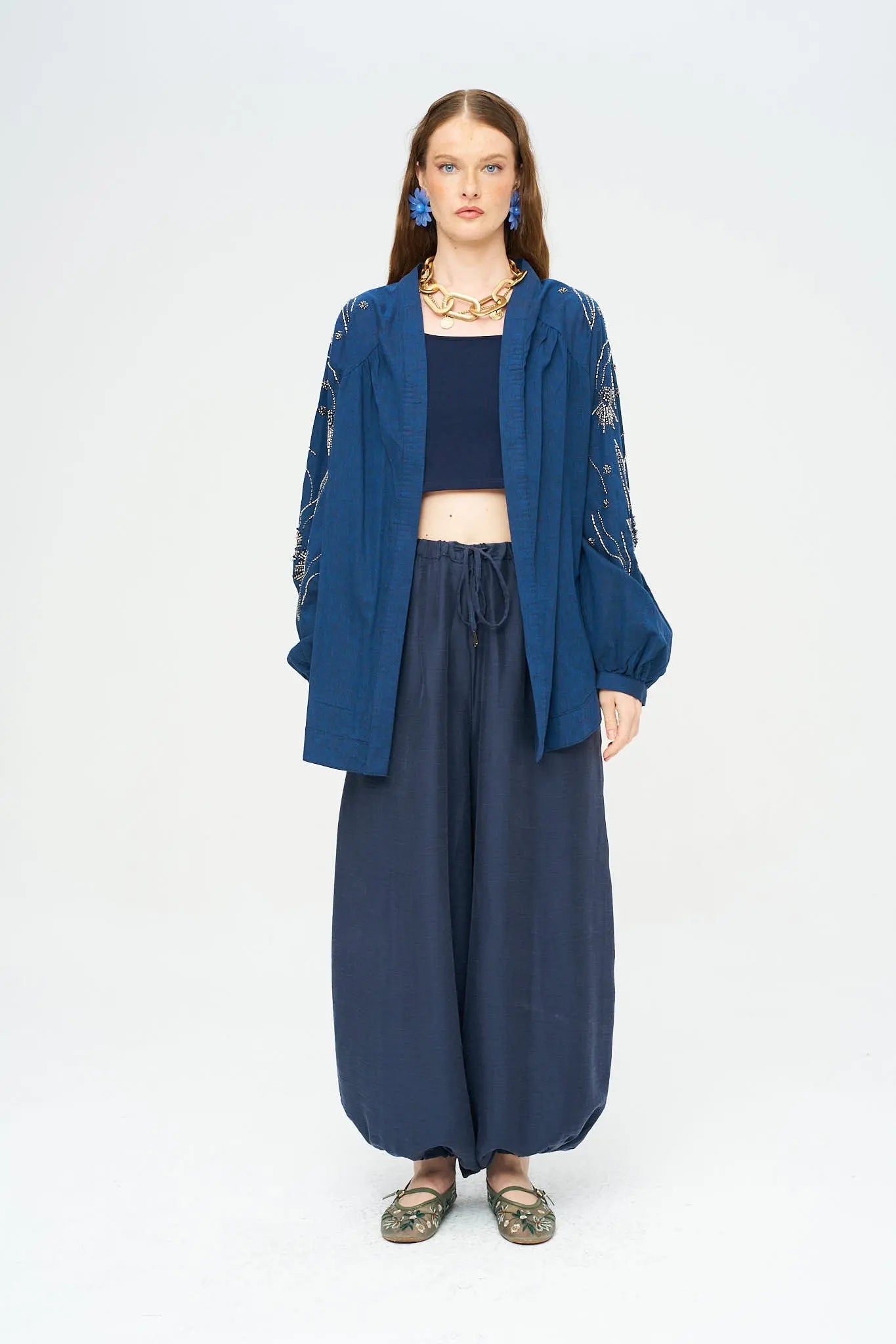 Orfeonegro Sırt ve Kol Boncuk İşlemeli Oversize Kimono Laci ORFEONEGRO