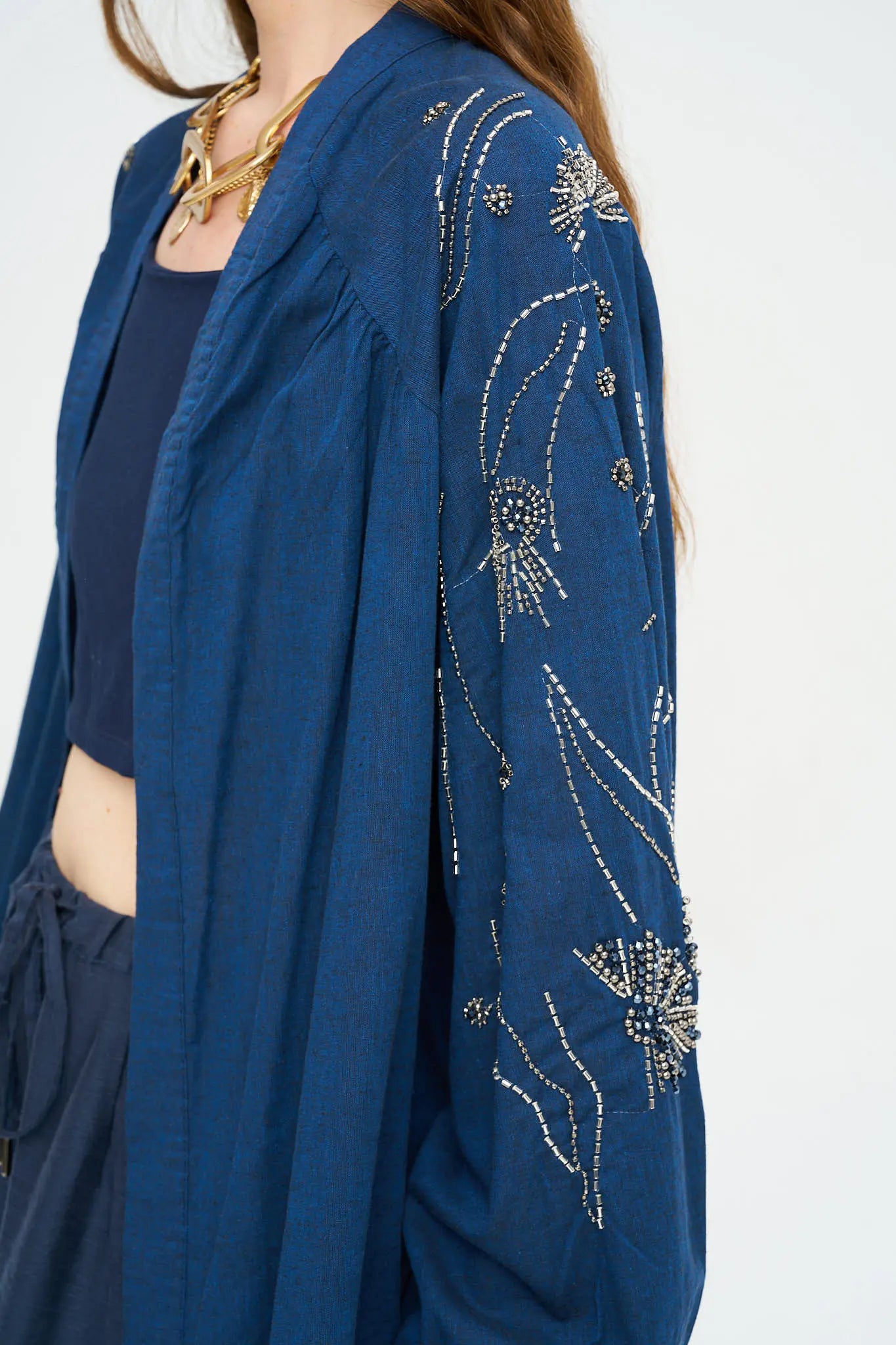 Orfeonegro Sırt ve Kol Boncuk İşlemeli Oversize Kimono Laci ORFEONEGRO