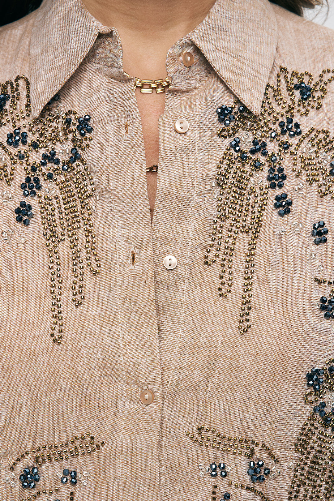 Orfeonegro Boncuk İşlemeli ve Nakışlı Keten Görünümlü Gömlek Açık Kahve