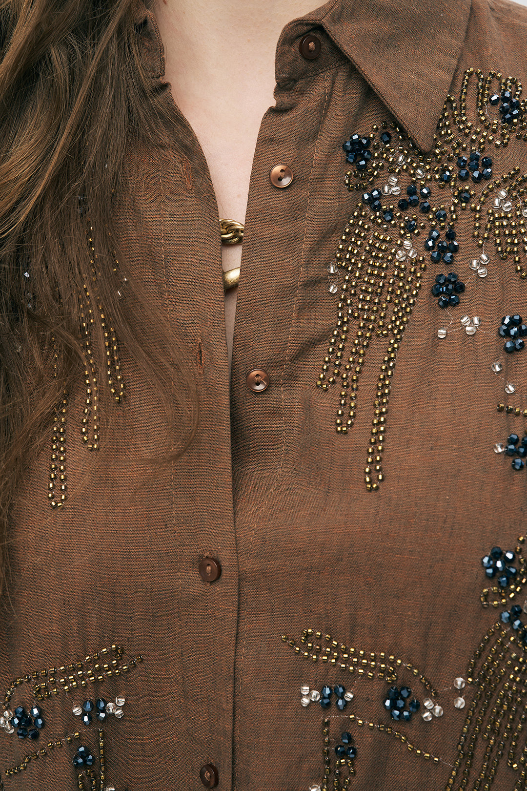 Orfeonegro Boncuk İşlemeli ve Nakışlı Keten Görünümlü Gömlek Kahve