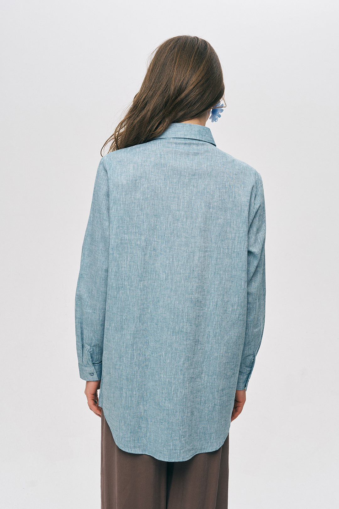 Orfeonegro Boncuk İşlemeli ve Nakışlı Keten Görünümlü Gömlek Mavi