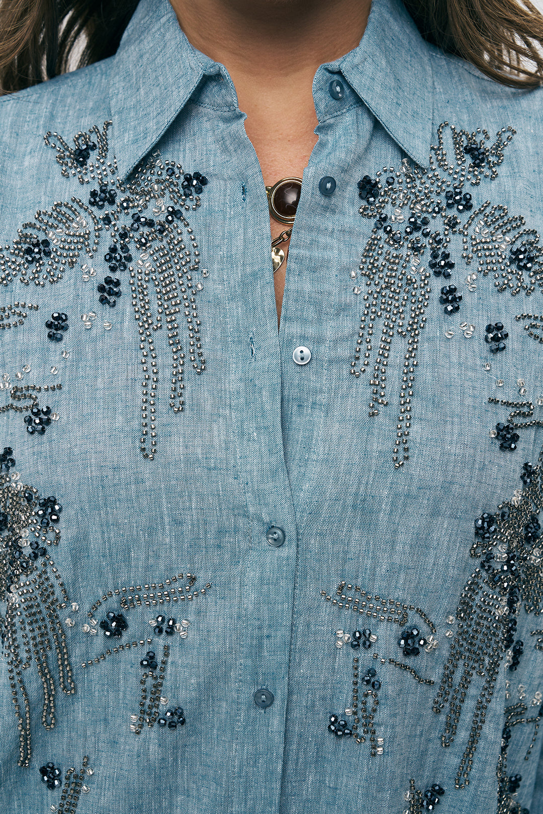 Orfeonegro Boncuk İşlemeli ve Nakışlı Keten Görünümlü Gömlek Mavi
