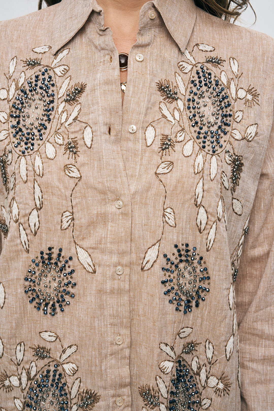 Çiçek Nakışlı ve Taş İşlemeli Oversize Gömlek A.Kahve