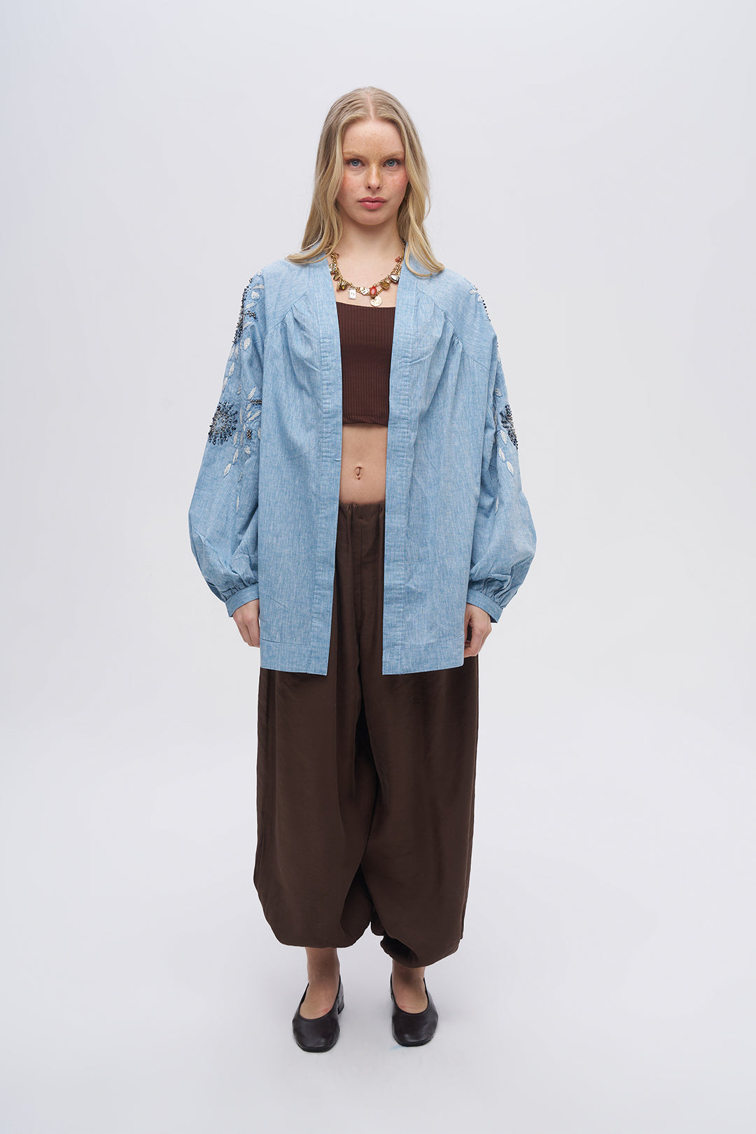 Kolu ve Sırtı İşlemeli Oversize Kimono Mavi