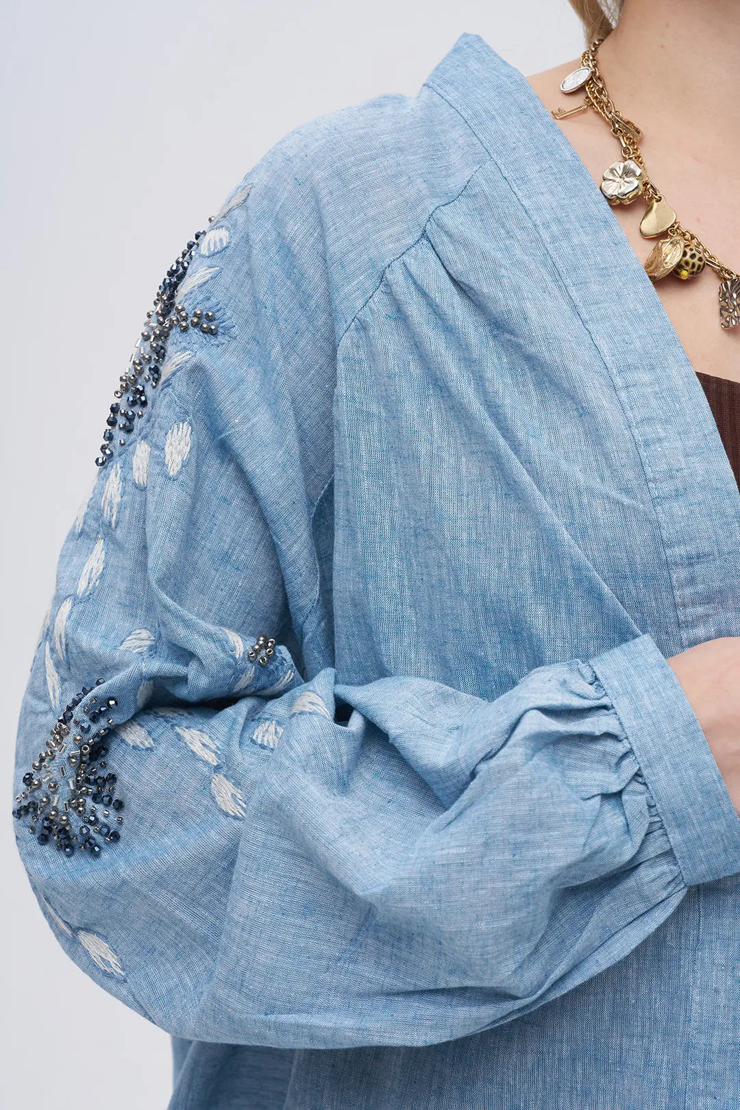 Kolu ve Sırtı İşlemeli Oversize Kimono Mavi ORFEONEGRO