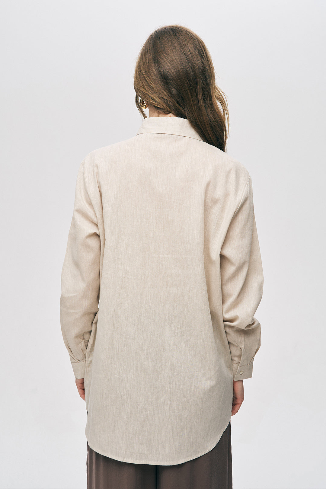 Orfeonegro Etnik Nakış ve Boncuk İşlemeli Keten Görünümlü Bej Gömlek