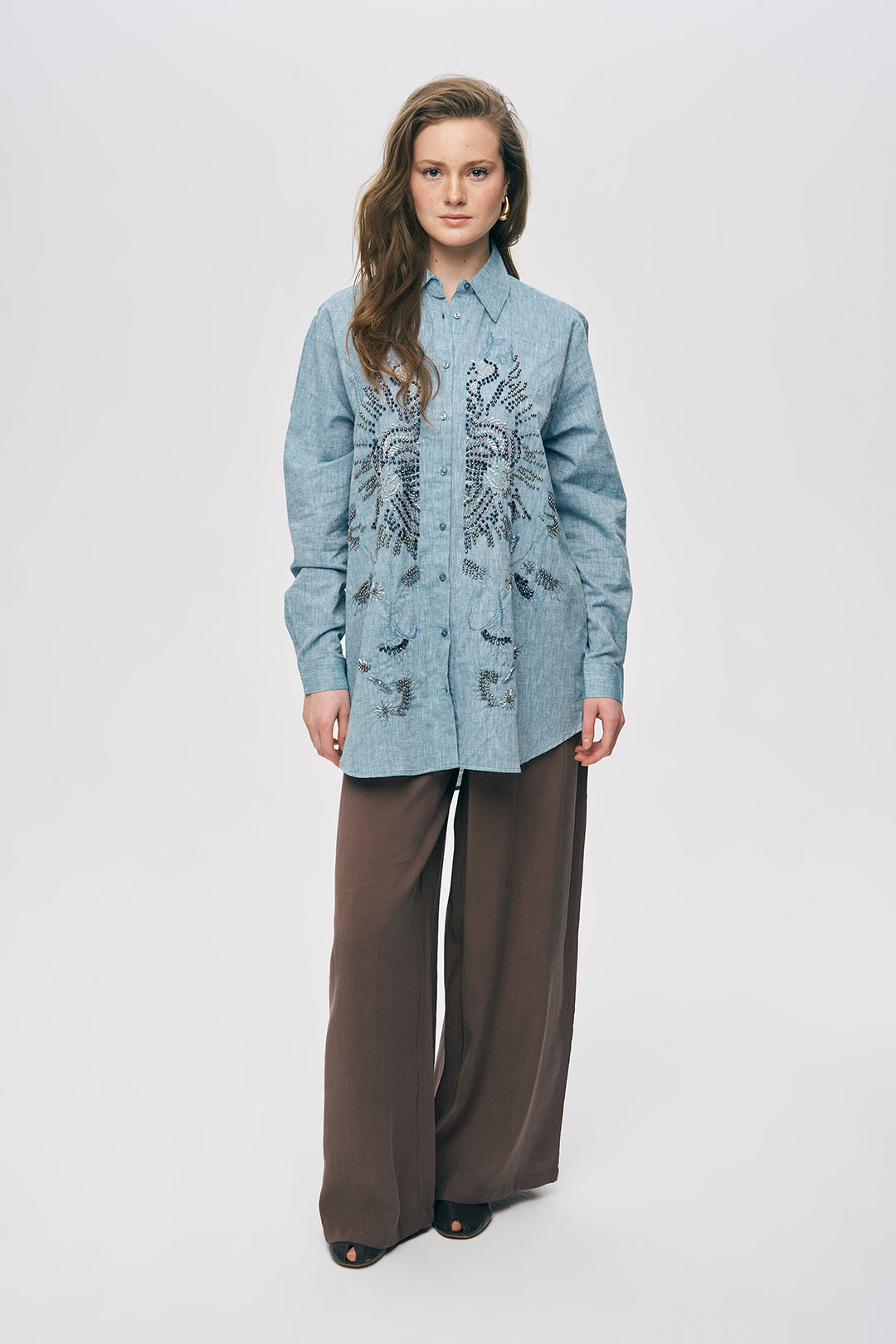 Orfeonegro Etnik Nakış ve Boncuk İşlemeli Keten Görünümlü Gömlek Mavi