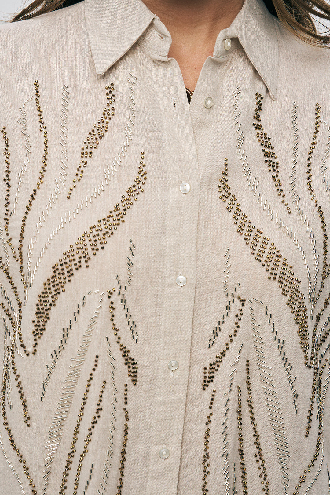 Boncuk İşlemeli Oversize Gömlek A.Bej