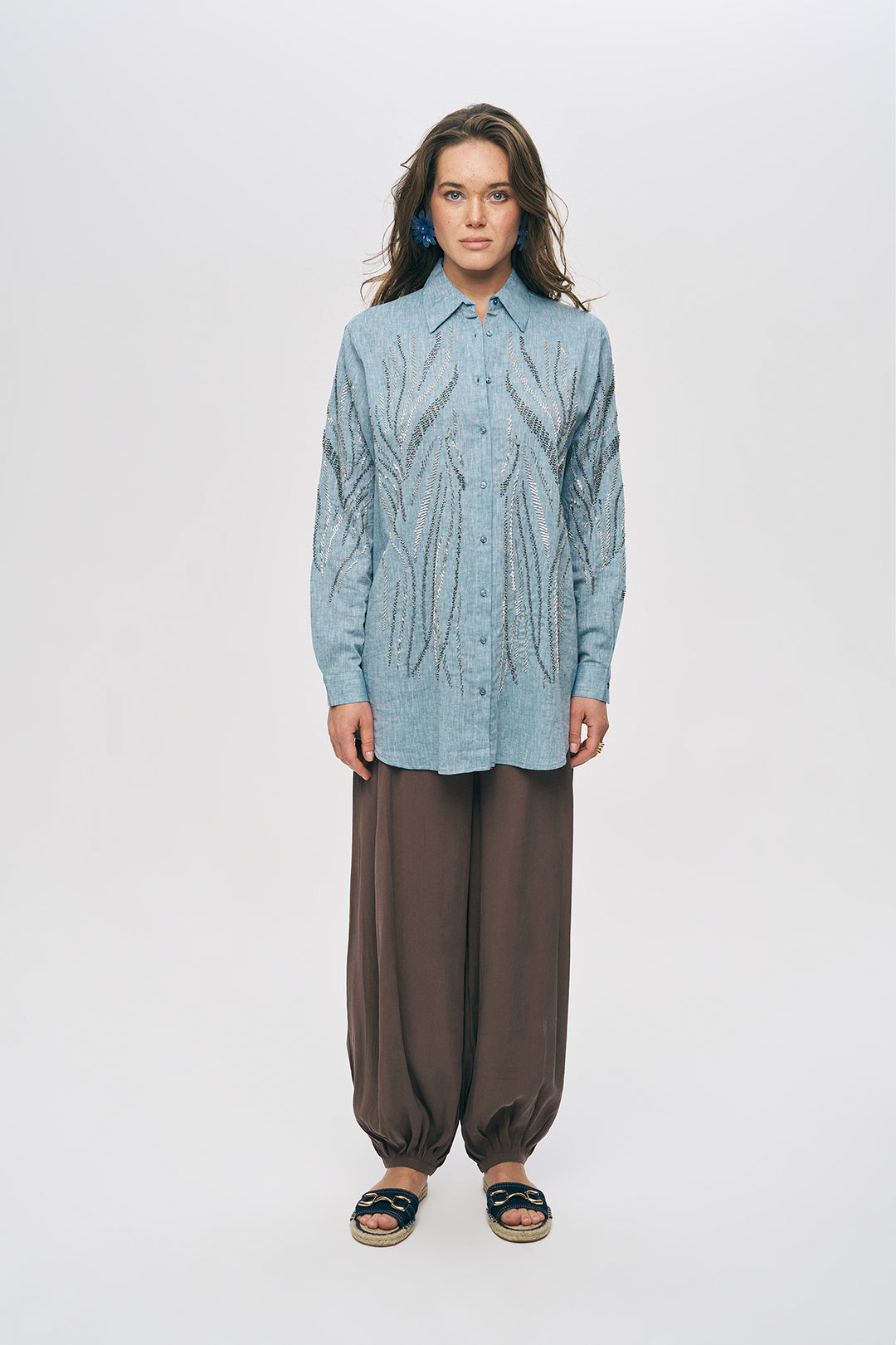 Boncuk İşlemeli Oversize Gömlek Mavi