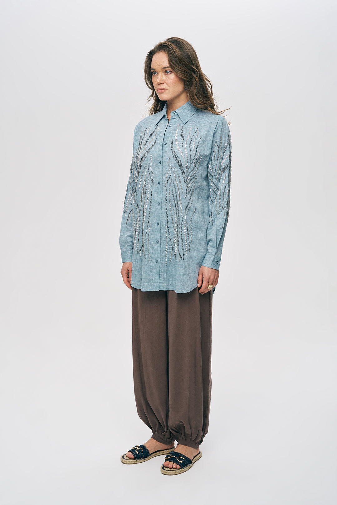 Boncuk İşlemeli Oversize Gömlek Mavi