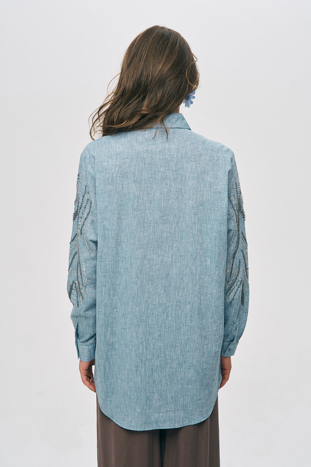 Boncuk İşlemeli Oversize Gömlek Mavi