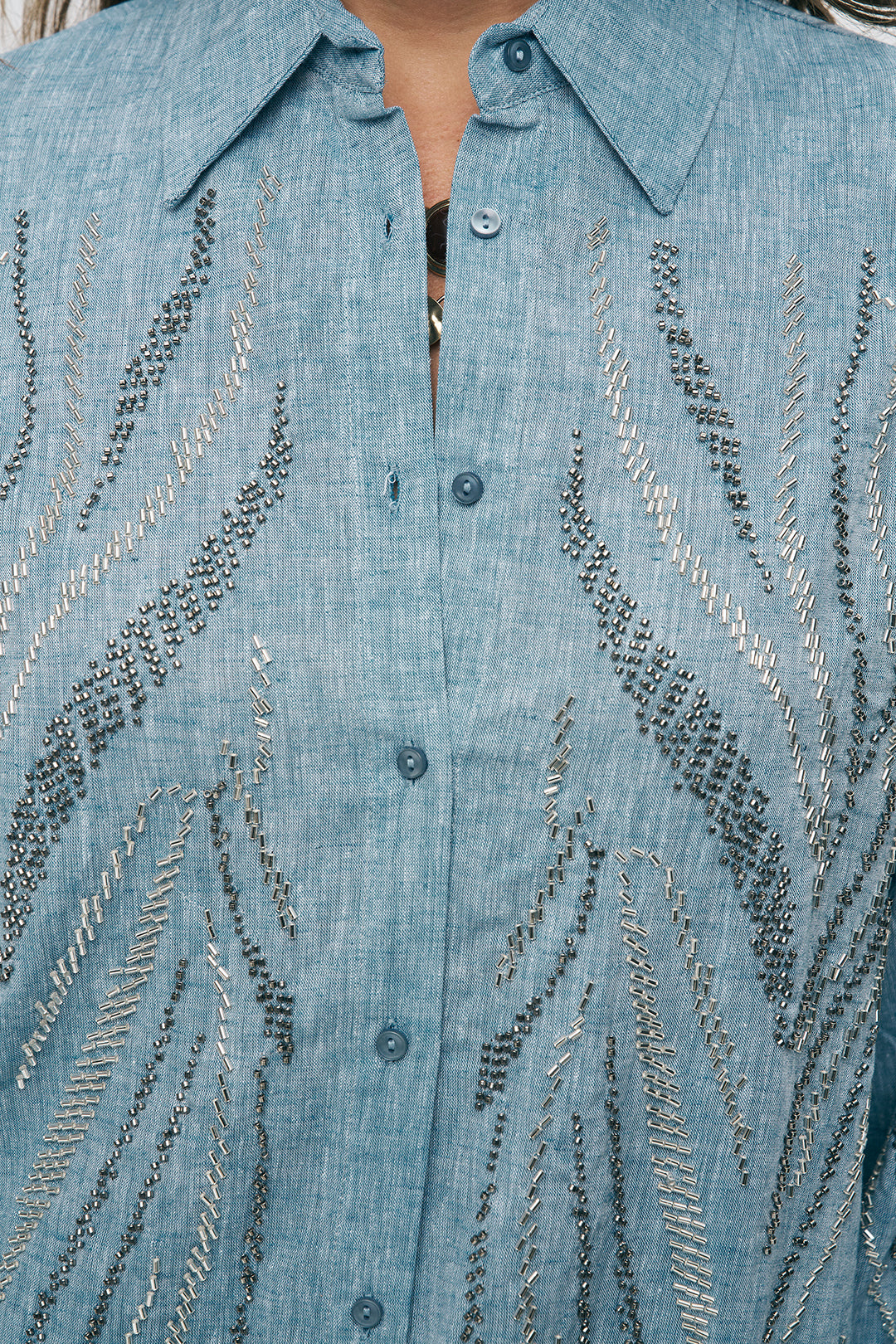Boncuk İşlemeli Oversize Gömlek Mavi