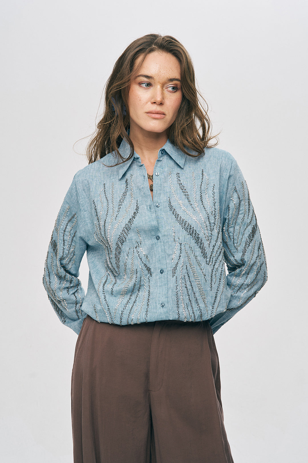 Boncuk İşlemeli Oversize Gömlek Mavi