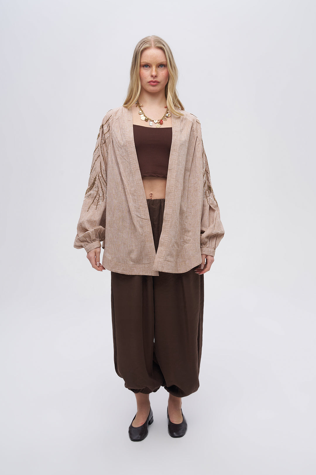 Sırt ve Kol İşlemeli Oversize A.Kahve Kimono