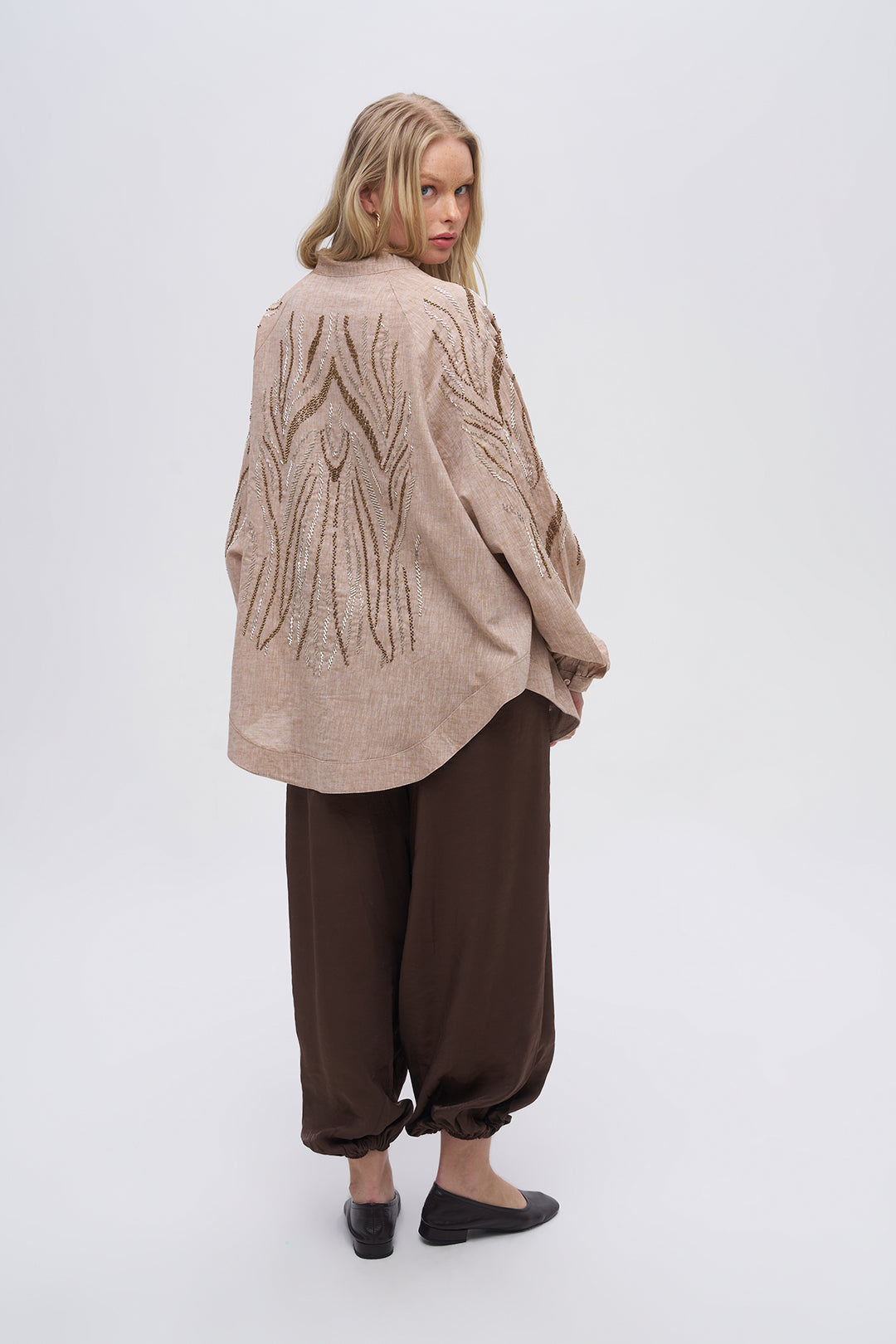 Sırt ve Kol İşlemeli Oversize A.Kahve Kimono