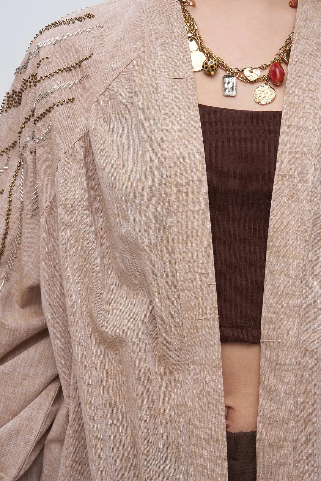 Sırt ve Kol İşlemeli Oversize A.Kahve Kimono ORFEONEGRO