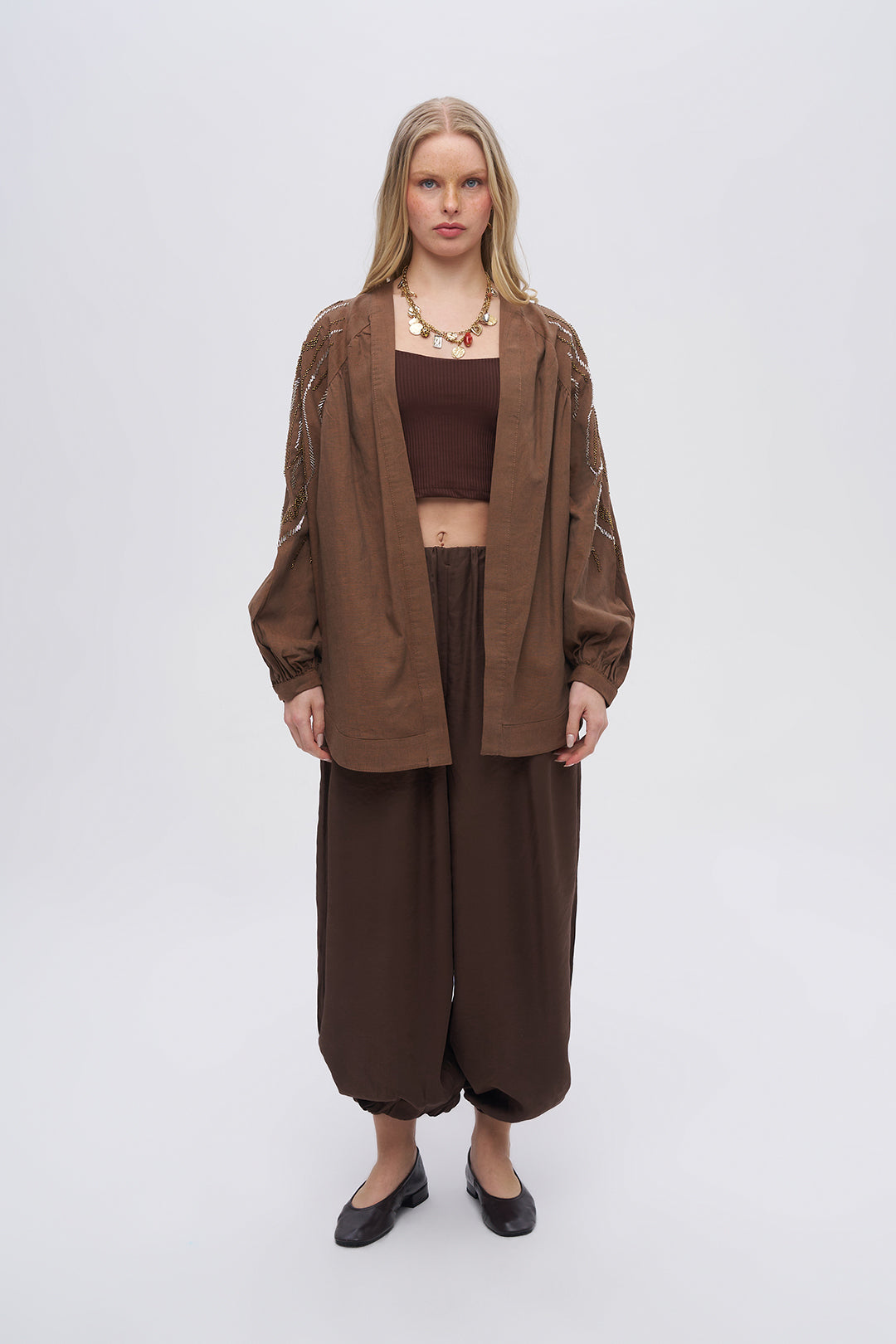 Sırt ve Kol İşlemeli Oversize Kahve Kimono