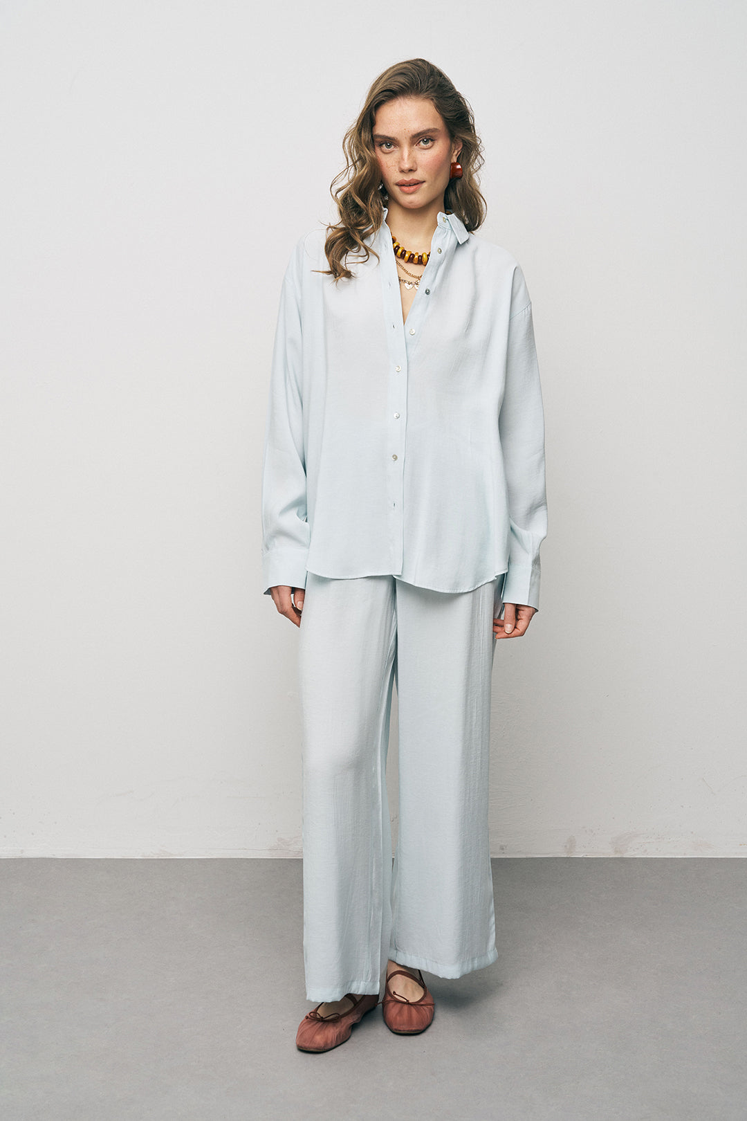 Orfeonegro Buz Mavisi Oversize Basic Uzun Kollu Gömlek