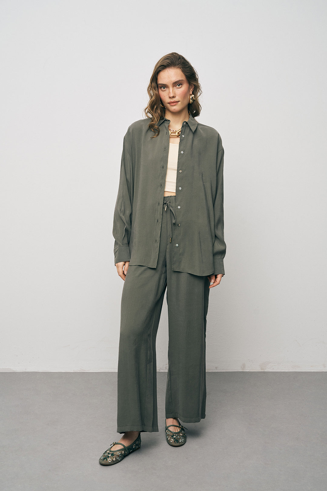 Orfeonegro Haki Oversize Basic Uzun Kollu Gömlek