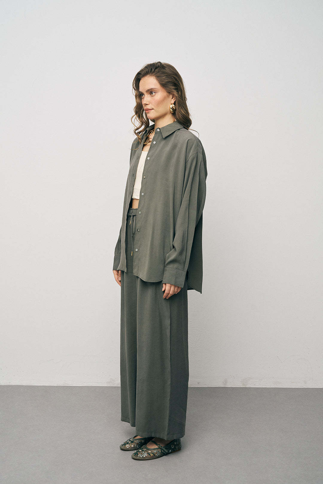 Orfeonegro Haki Oversize Basic Uzun Kollu Gömlek