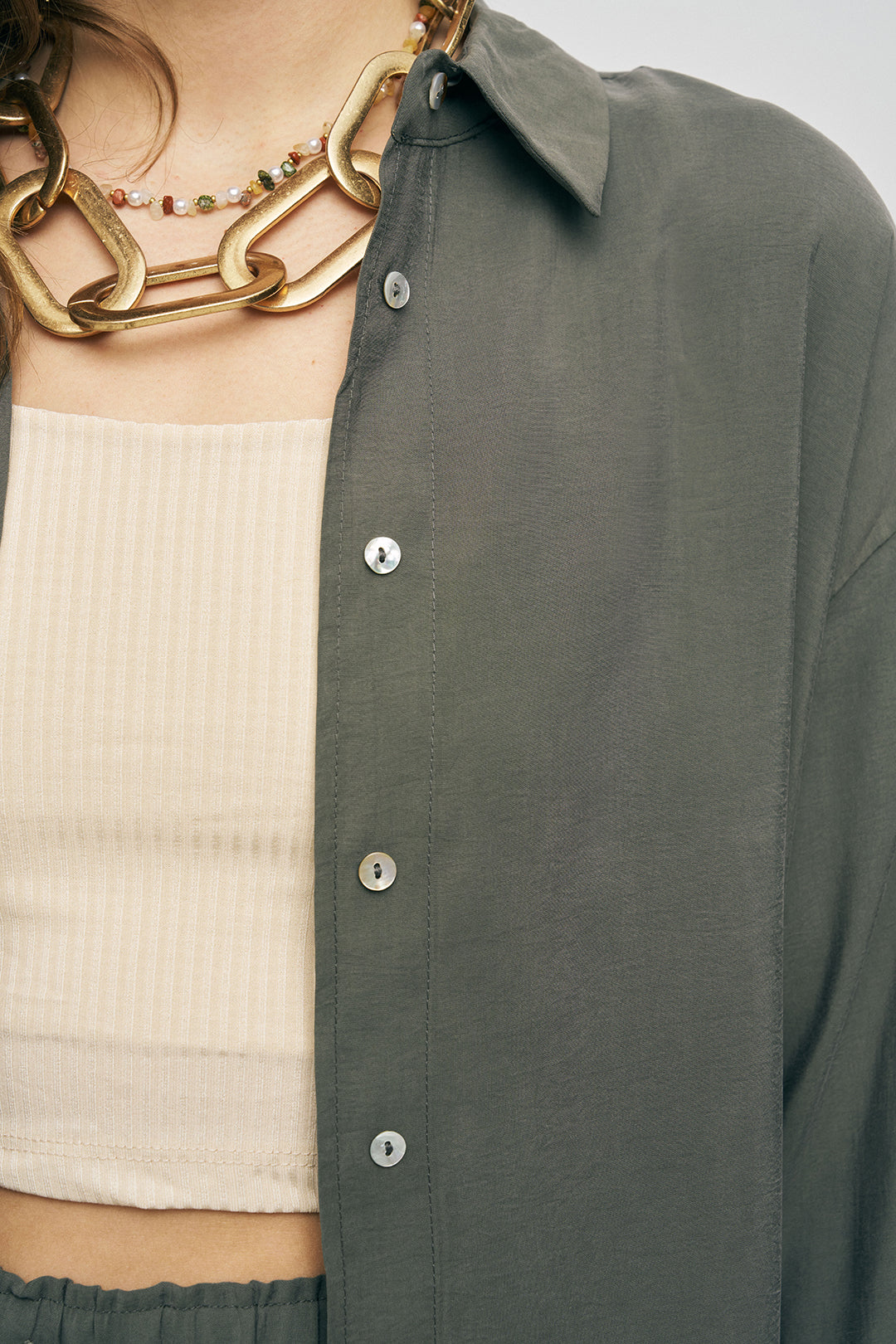 Orfeonegro Haki Oversize Basic Uzun Kollu Gömlek