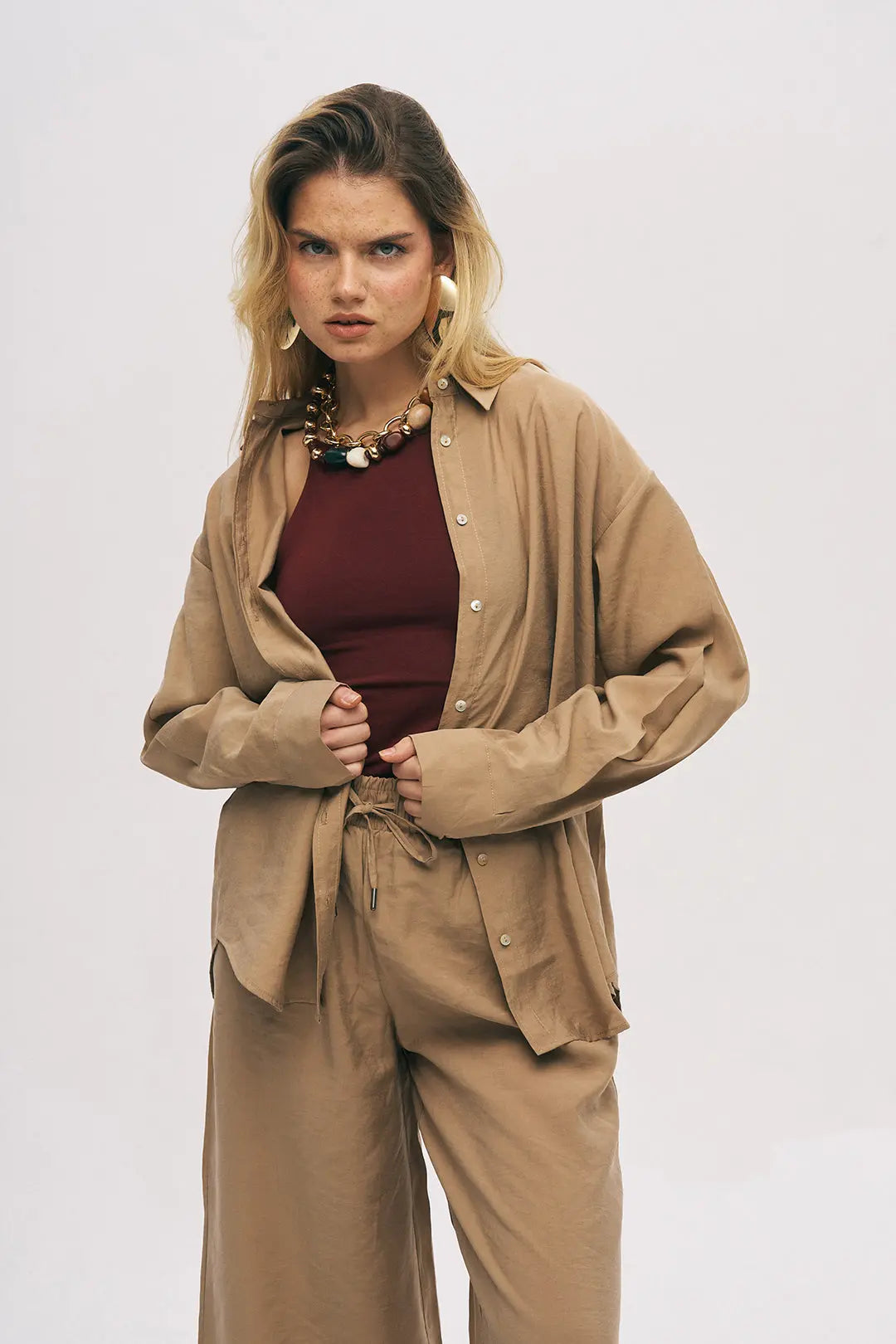 Orfeonegro Karamel Oversize Basic Uzun Kollu Gömlek ORFEONEGRO