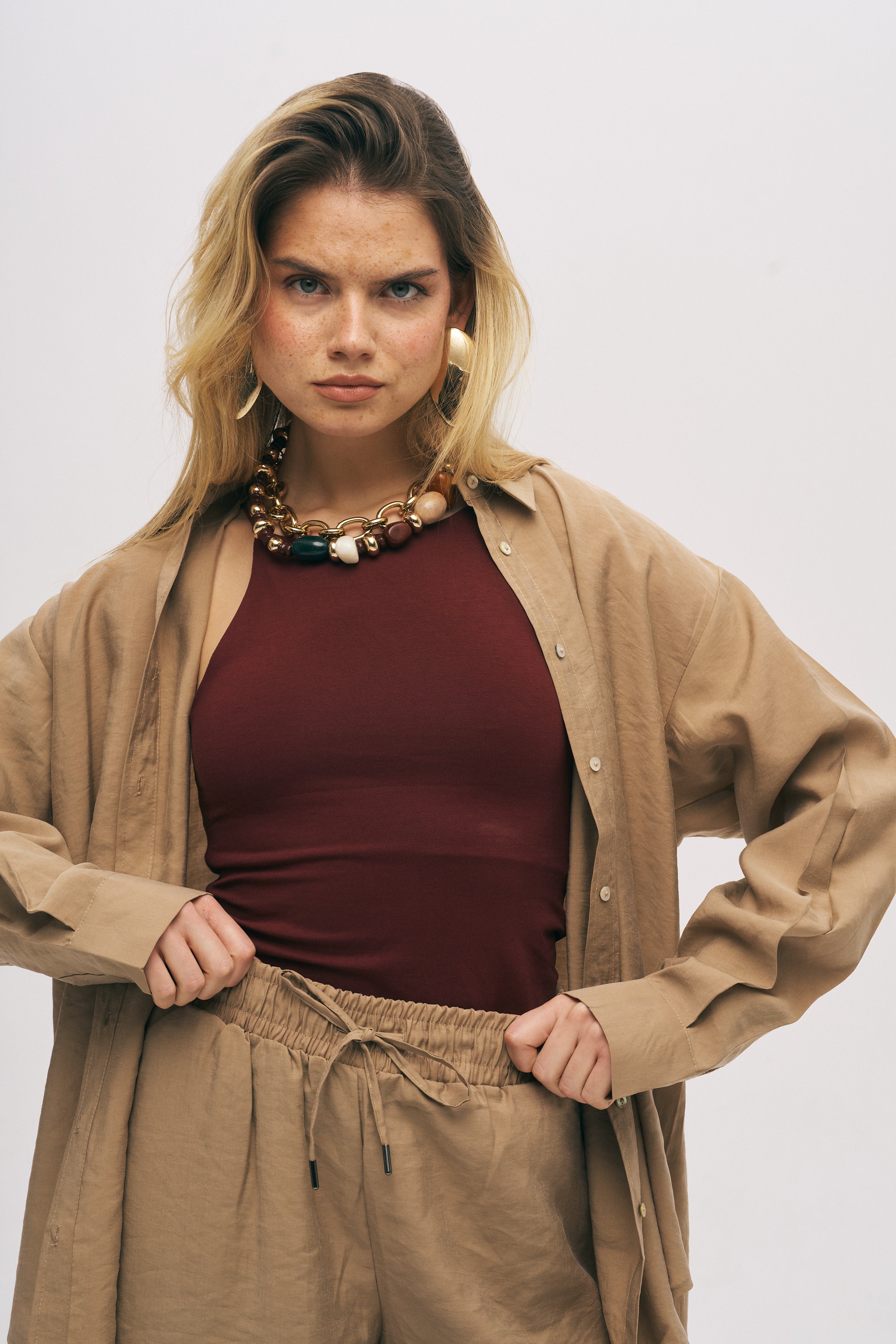 Orfeonegro Karamel Oversize Basic Uzun Kollu Gömlek