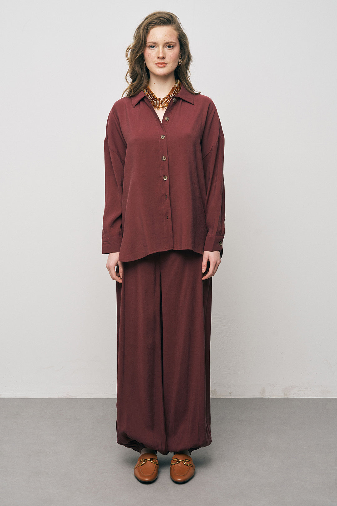 Orfeonegro Bordo Boyfriend Fit Tiril Tiril Yazlık Gömlek