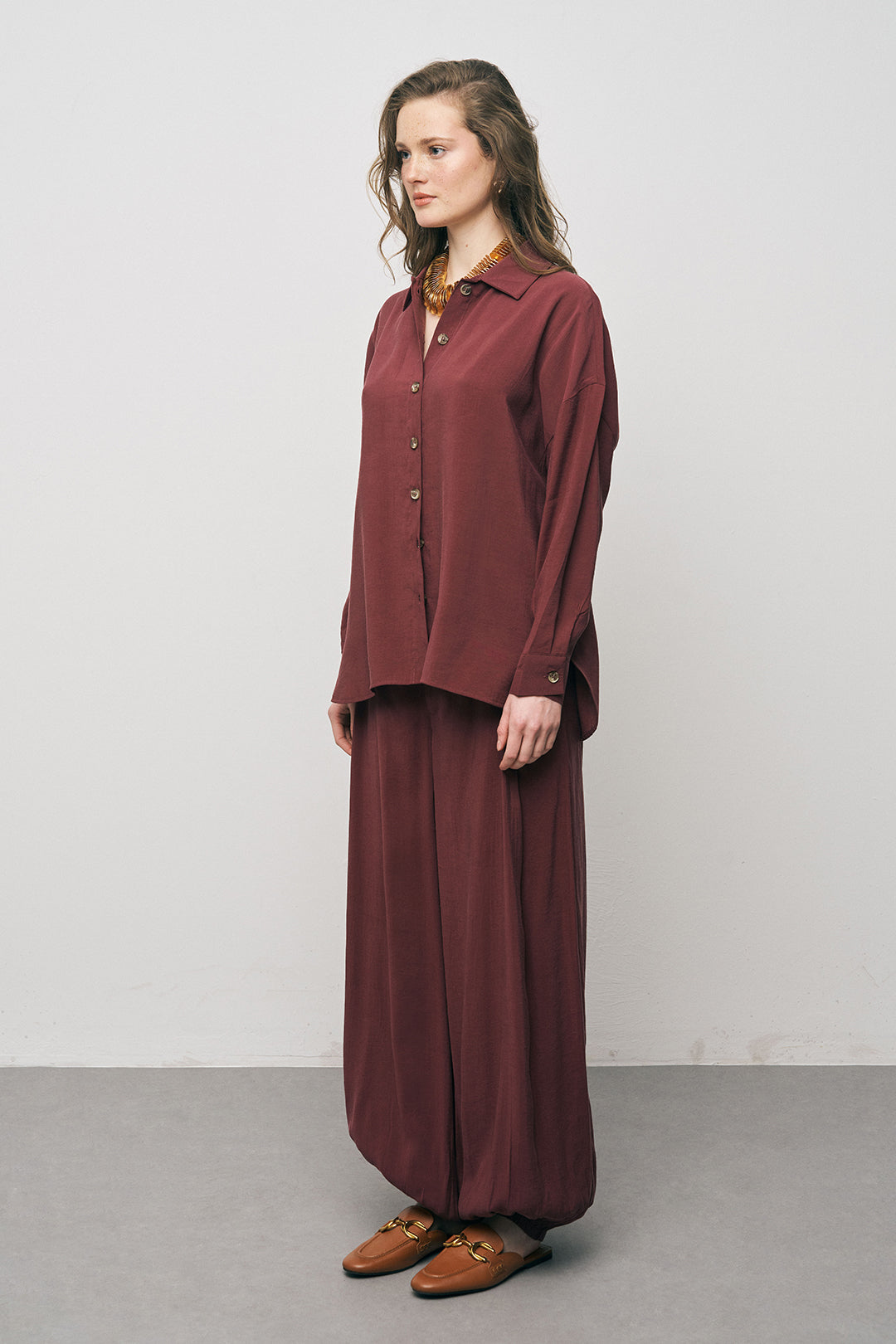 Orfeonegro Bordo Boyfriend Fit Tiril Tiril Yazlık Gömlek