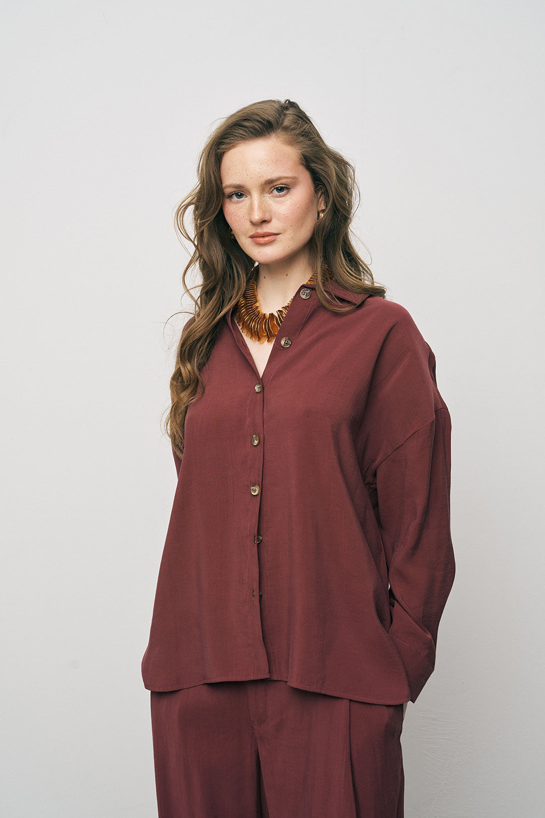 Orfeonegro Bordo Boyfriend Fit Tiril Tiril Yazlık Gömlek