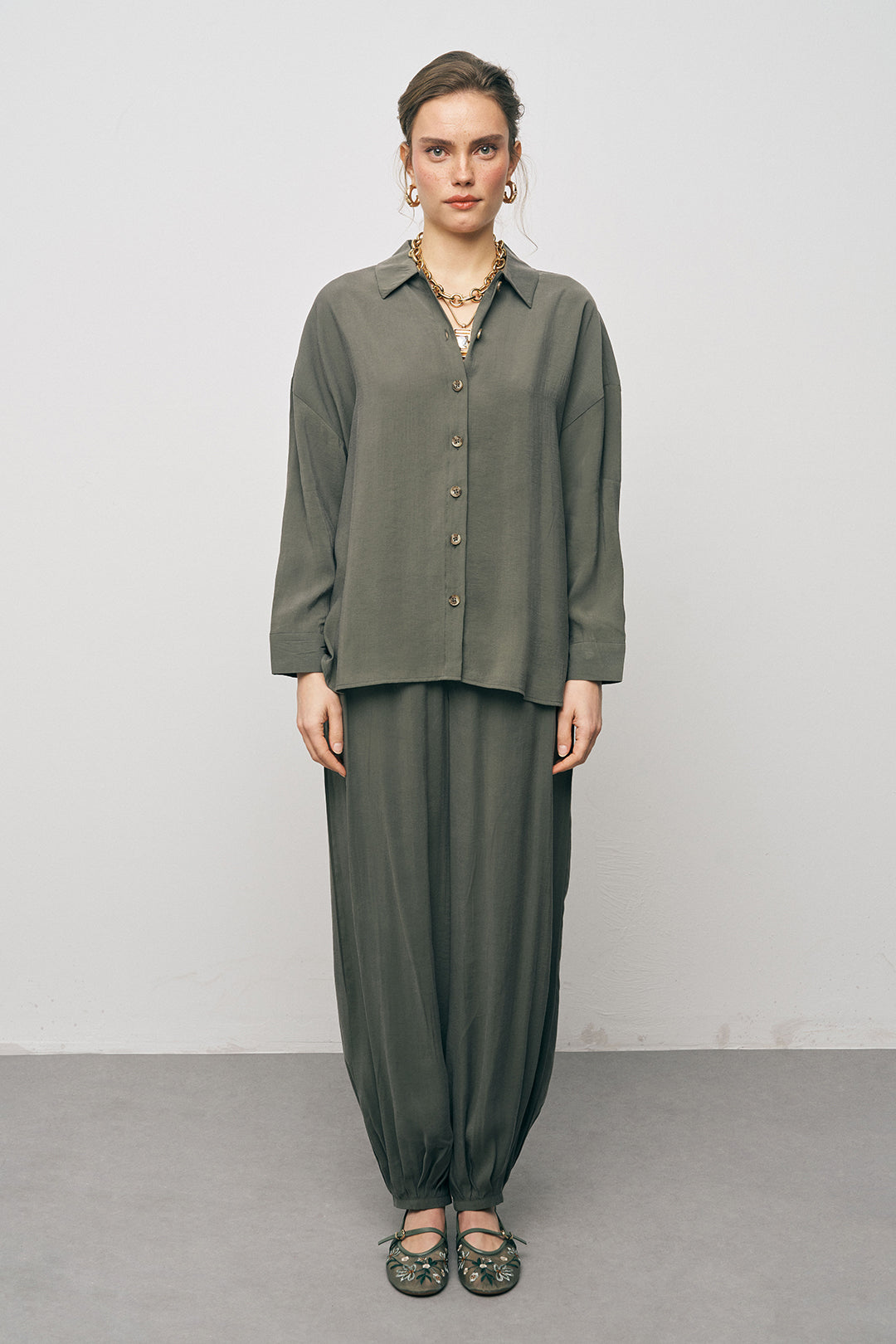 Orfeonegro Haki Boyfriend Fit Tiril Tiril Yazlık Gömlek