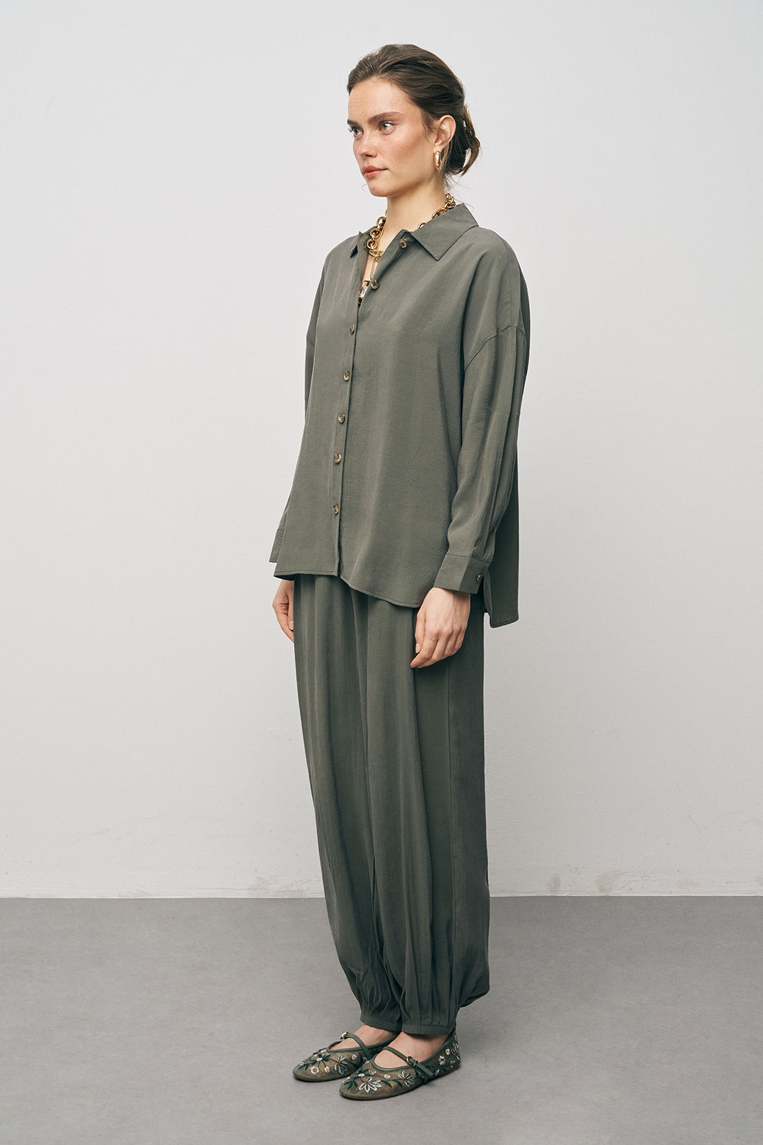 Orfeonegro Haki Boyfriend Fit Tiril Tiril Yazlık Gömlek