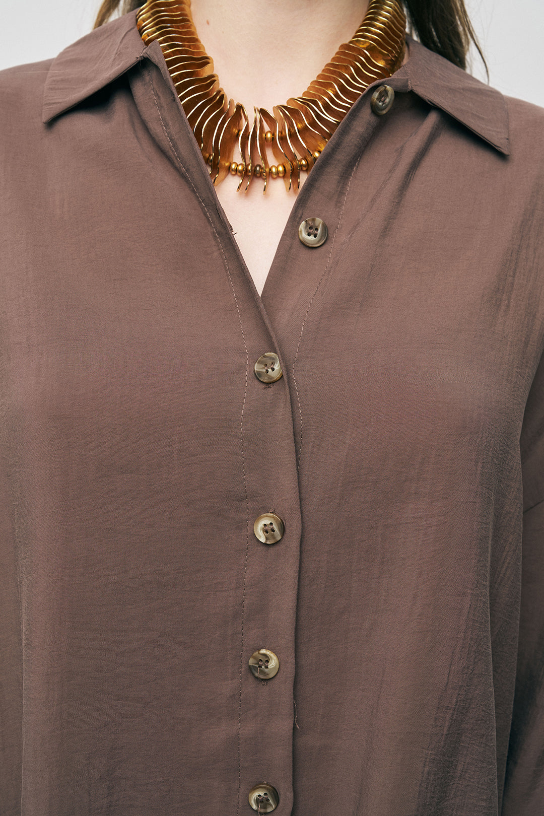 Orfeonegro Kahve Boyfriend Fit Tiril Tiril Yazlık Gömlek