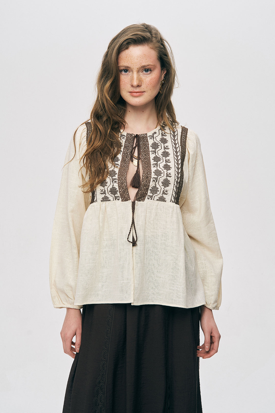 Orfeonegro Püskül Detaylı Otantik Desenli Uzun Kol Bluz