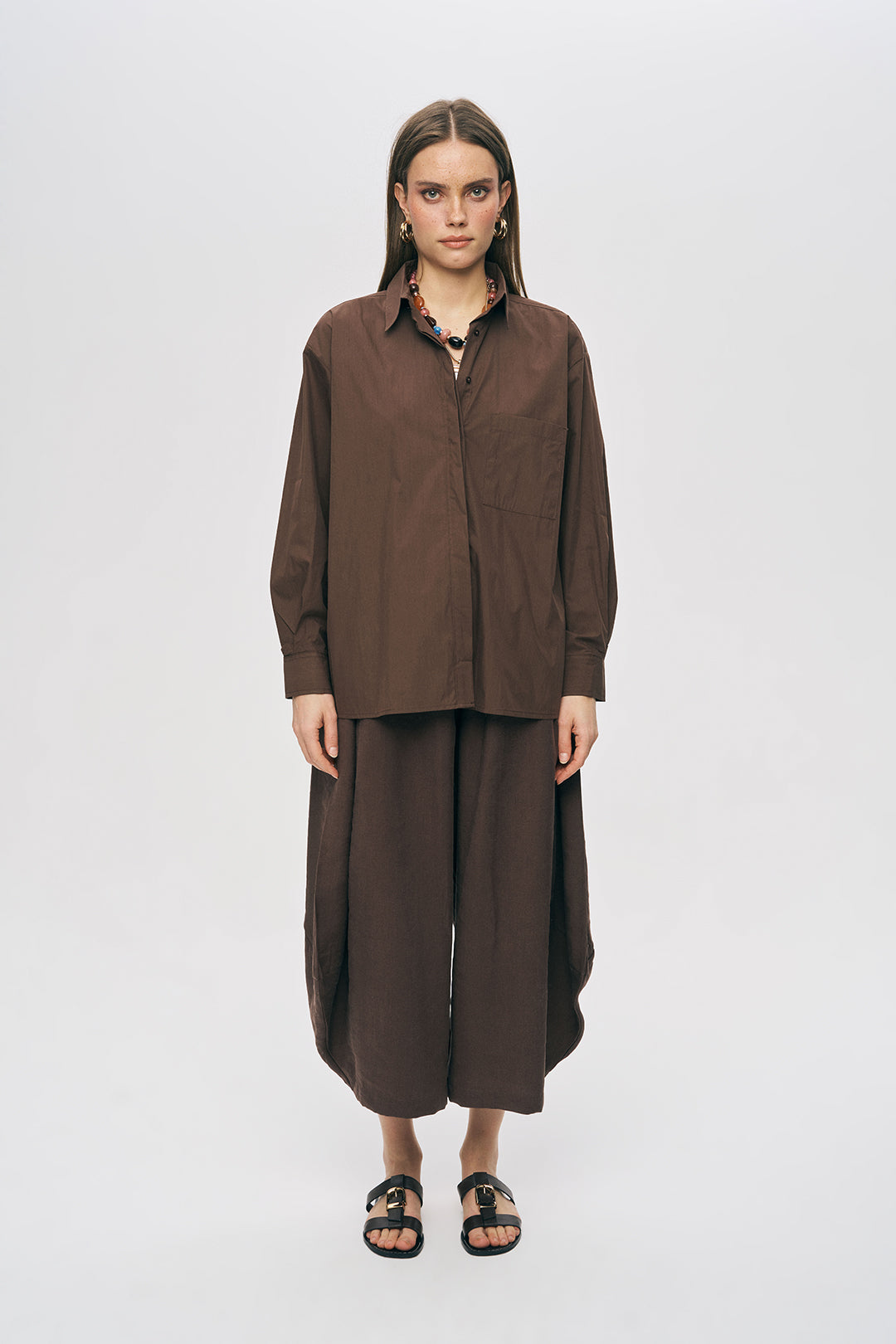 Orfeonegro Tek Cepli Oversize Kahverengi Gömlek