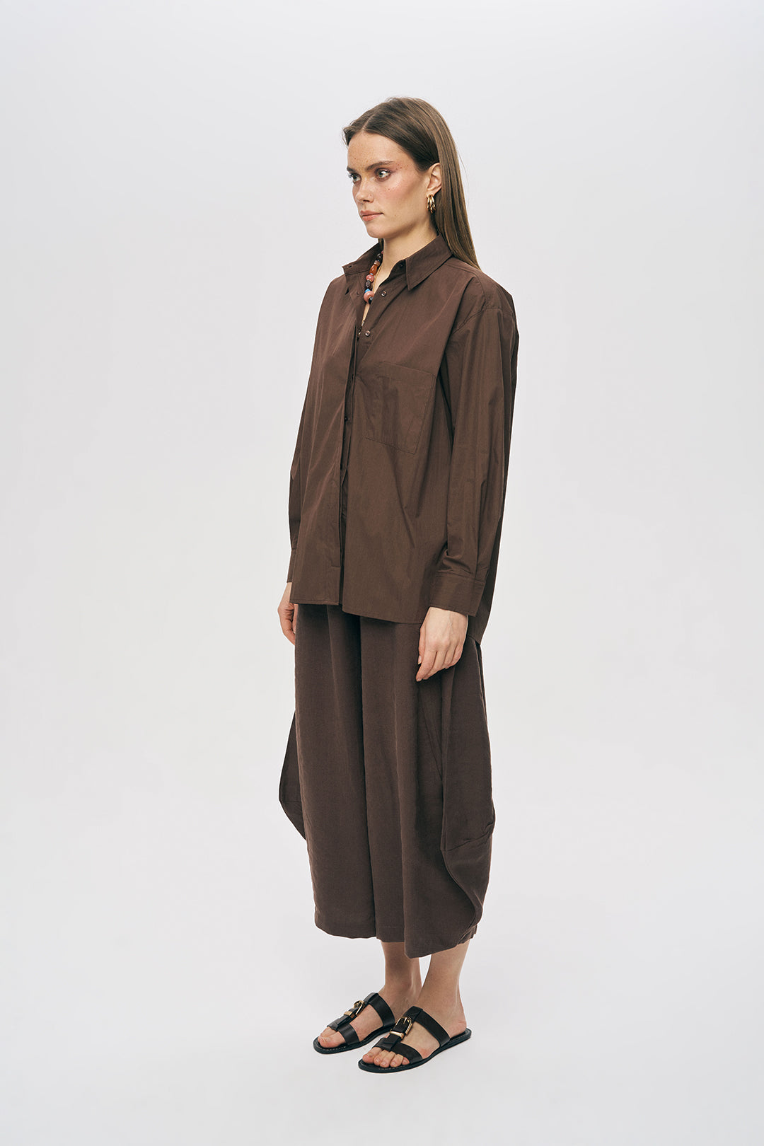 Orfeonegro Tek Cepli Oversize Kahverengi Gömlek