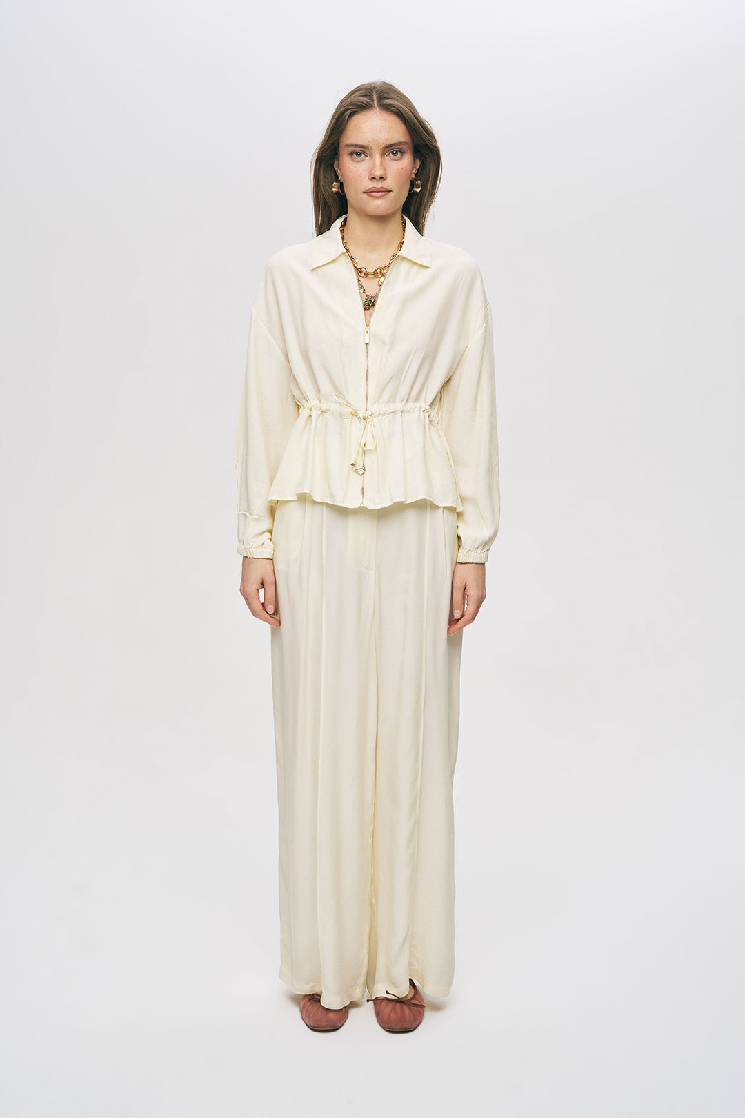 Beli Büzgülü ve Bağcıklı Sarı Fermuarlı Şık Ceket Gömlek