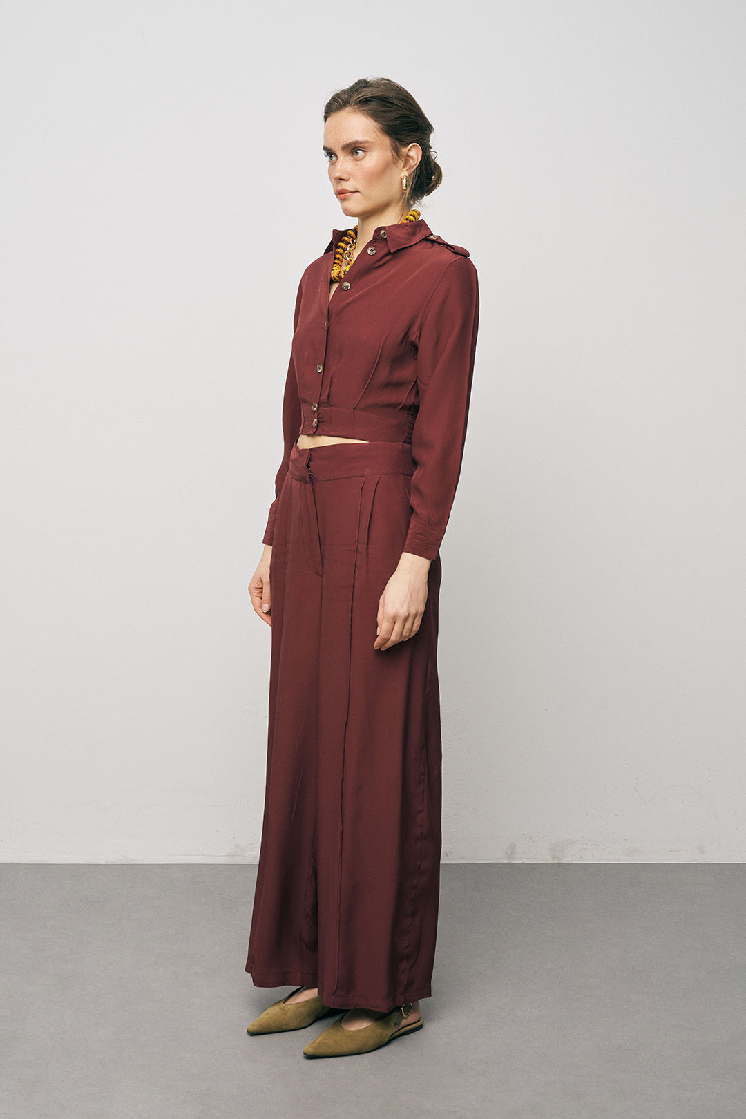 Orfeonegro Bordo Rengi Kruvaze Detaylı Crop Tasarım Gömlek