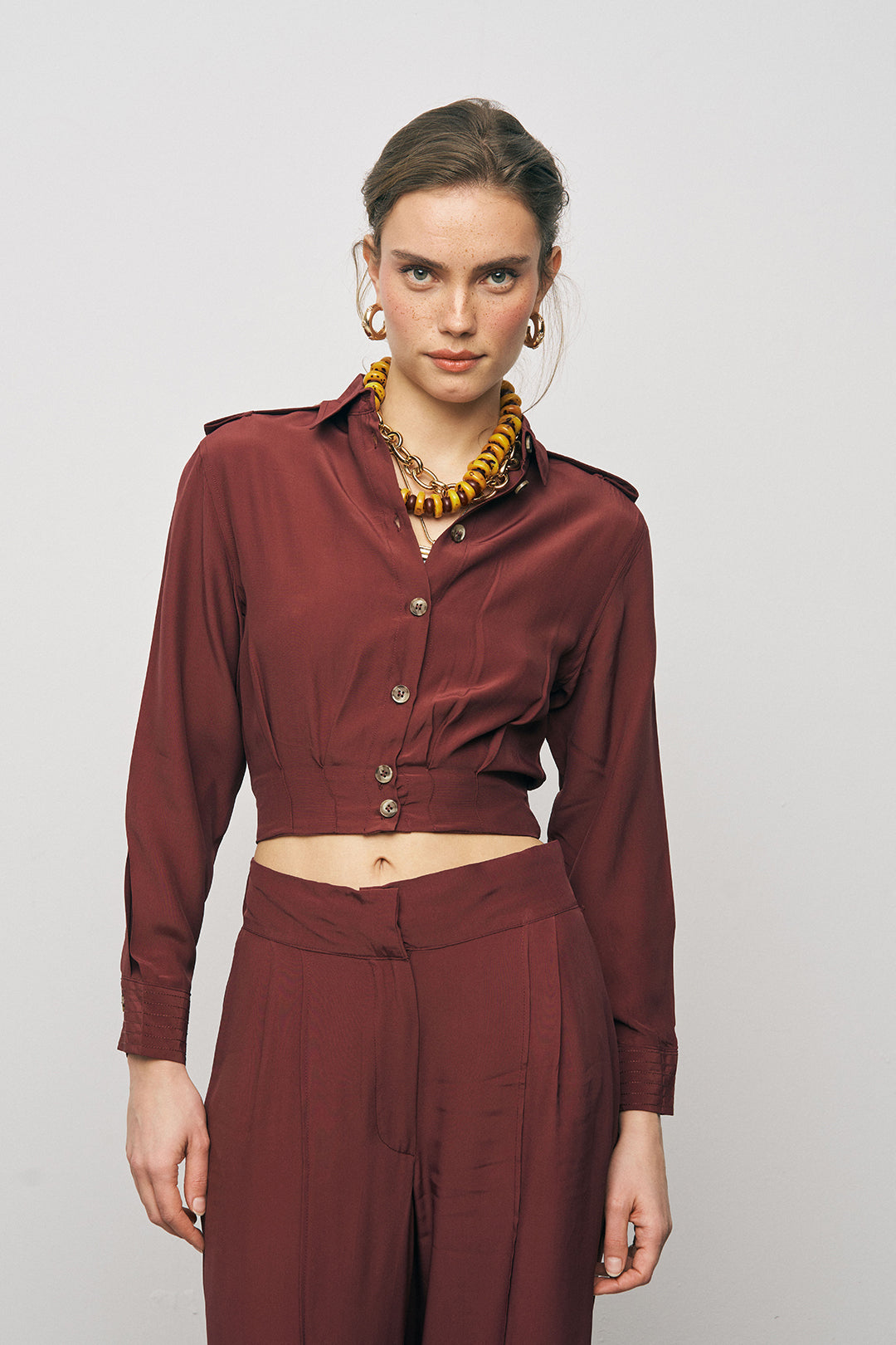 Orfeonegro Bordo Rengi Kruvaze Detaylı Crop Tasarım Gömlek