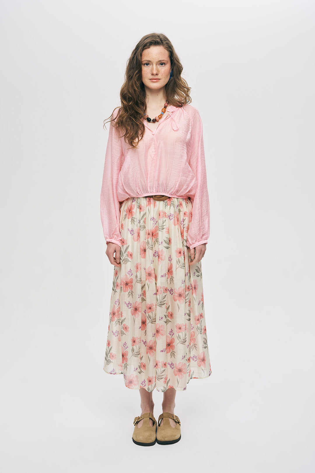 Orfeonegro İnce Dokulu Manşetli ve Beli Lastikli Şık Pembe Bluz