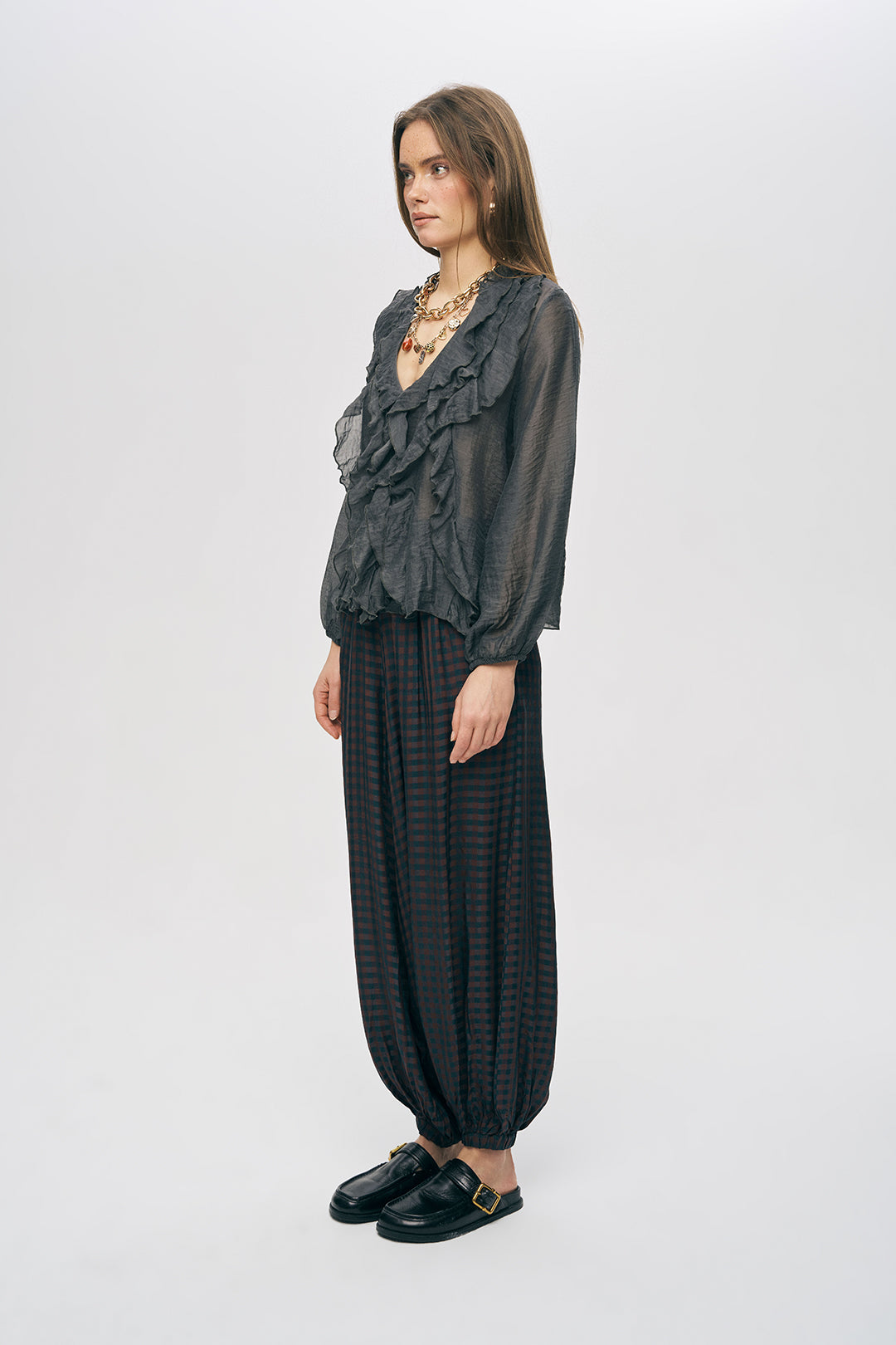 Orfeonegro Antrasit Volan Detaylı Liyosel Karışımlı Şifon Gömlek