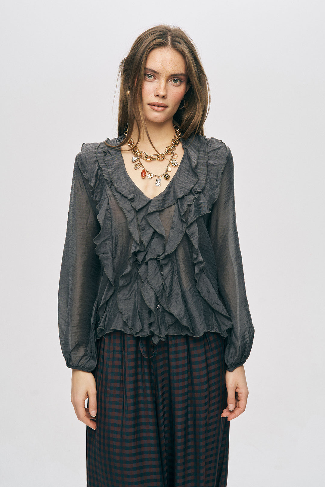 Orfeonegro Antrasit Volan Detaylı Liyosel Karışımlı Şifon Gömlek